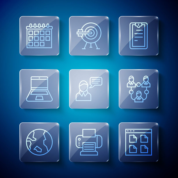 地球仪、打印机、浏览器文件、清单、聊天气泡、笔记本电脑、日历、项目团队图标矢量素材图片下载
