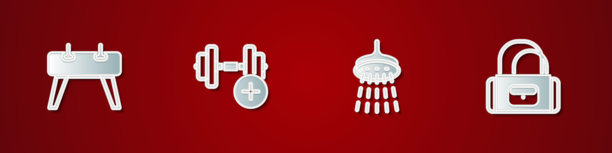 马鞍木、哑铃、淋浴和运动包图标。矢量图。图片下载