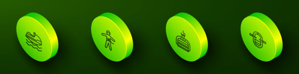 2.5D摩托艇、蹦极、滑雪缆车和漂流船图标矢量素材图片下载