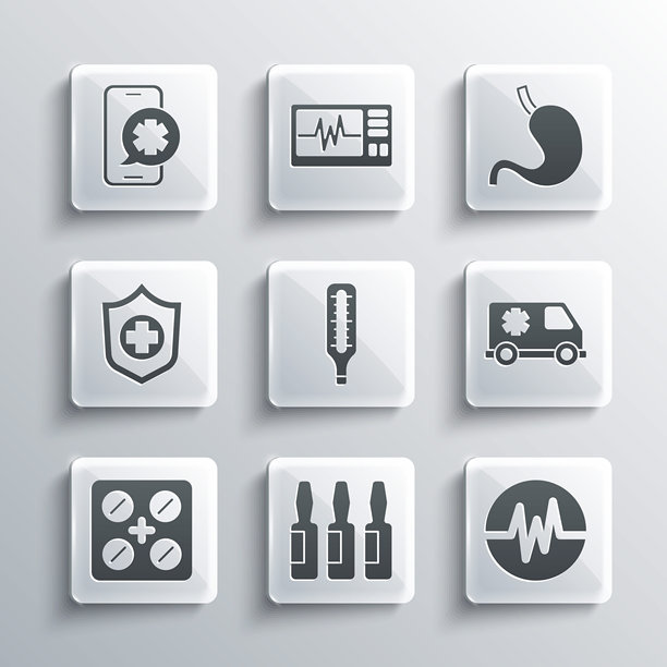 医疗药瓶、安瓿、心率、急救车、温度计、泡罩包装药丸、人寿保险手、电话和胃图标组合，矢量素材图片下载