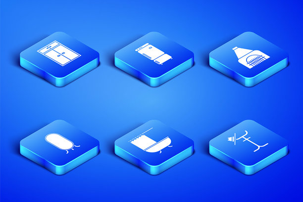 衣帽架、衣柜、带淋浴帘的浴缸、大全身镜、冰箱和室内壁炉图标。矢量图。图片下载