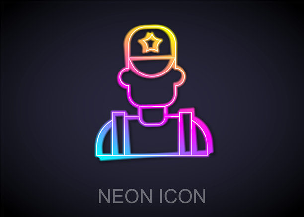 黑色背景上的发光霓虹灯警长牛仔帽星徽图标，警官矢量素材图片下载