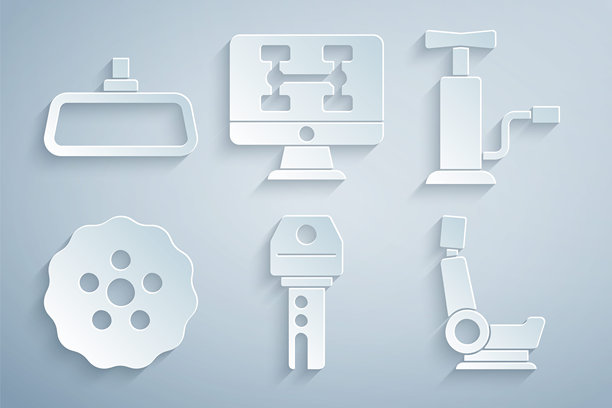 汽车钥匙与遥控器、空气泵、齿轮、座椅、汽车诊断状态和镜子图标。矢量图。图片下载