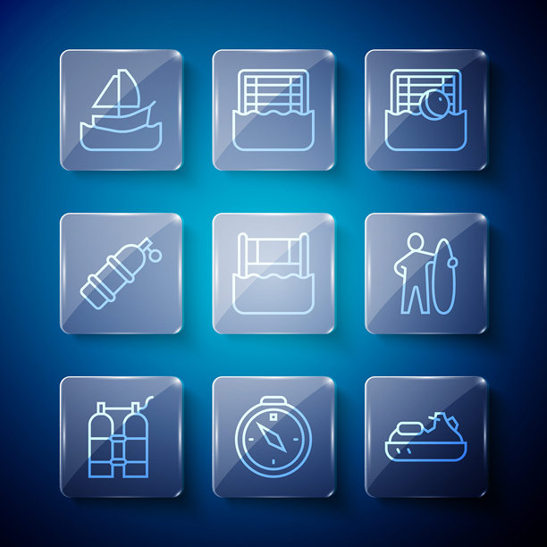 水肺、指南针、水上摩托、水球、排球网、帆船和冲浪板图标组合，矢量素材图片下载