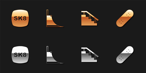 滑板、滑板公园、带扶手的楼梯和图标。矢量图。图片下载