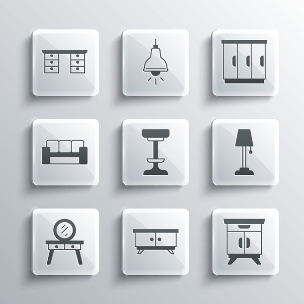 家具图标：床头柜、落地灯、椅子、梳妆台、沙发、办公桌和衣柜。矢量图。图片下载