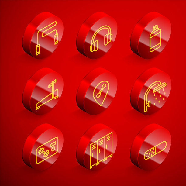 跳绳、耳机、拳击沙袋、跑步机、健身房位置、淋浴喷头、健身俱乐部卡和更衣室图标矢量素材图片下载