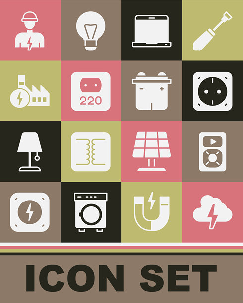 云和闪电、音乐播放器、电源插座、笔记本电脑、核电站、电工和汽车电池图标矢量素材图片下载