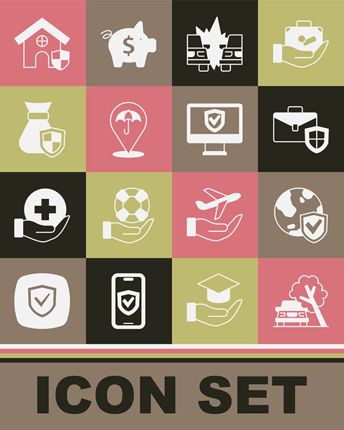 被倒下的树损坏的汽车，带有世界地球仪的盾牌，公文包盾牌，事故，雨伞，钱袋，房屋和在线保险图标。矢量图。图片下载