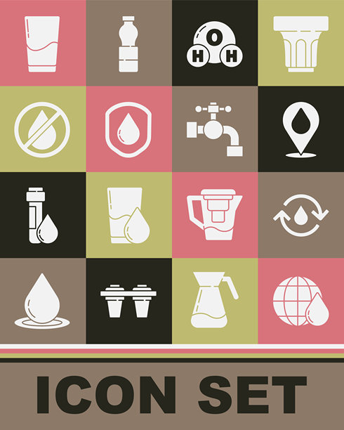 水滴中的地球、可回收清洁水、带位置的水、H2O化学式、防水、禁用、玻璃和水龙头图标矢量素材图片下载