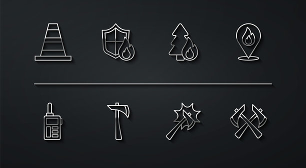 交通锥、对讲机、带火焰的位置、消防斧、防护盾和燃烧的森林树木图标矢量素材图片下载