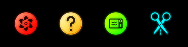 试管和烧瓶，未知搜索，微波炉和带切割线的剪刀图标。矢量图。图片下载