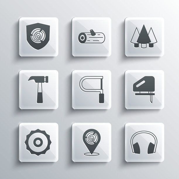 木头、耳机、曲线锯、钢锯、圆锯片、锤子和圣诞树图标矢量素材图片下载