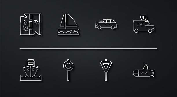 断裂的道路，货船，电视新闻车，道路交通标志杆，游艇帆船，潜艇和两厢车图标矢量素材图片下载