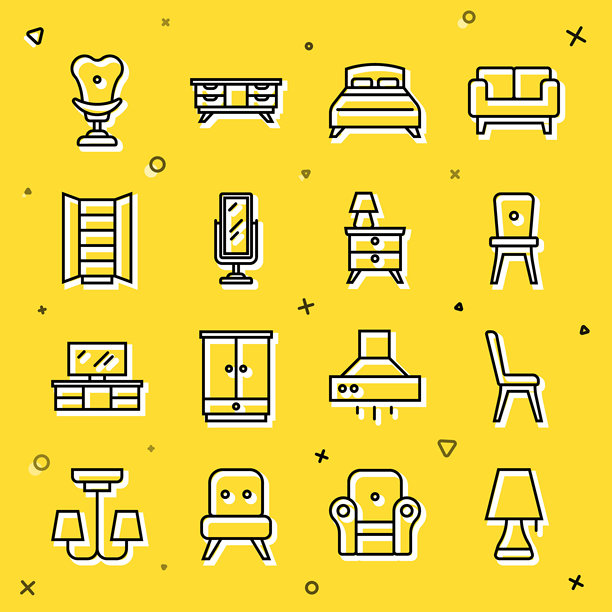 设置线条图标的台灯、椅子、大床、全身镜、衣柜、扶手椅和床头柜。矢量图。图片下载