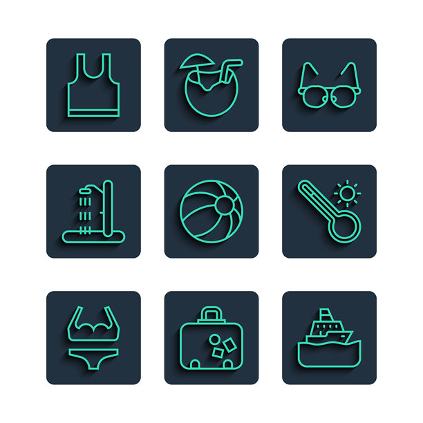 泳衣、手提箱、邮轮、眼镜、沙滩球等图标组合矢量素材图片下载