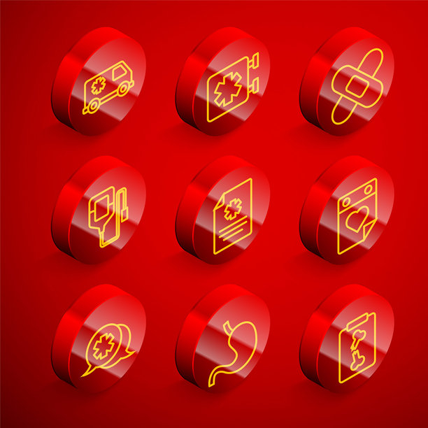 急救车、医疗标志、绷带、输液袋、临床记录、医生预约、与医生对话和人体胃部线条图标矢量素材图片下载