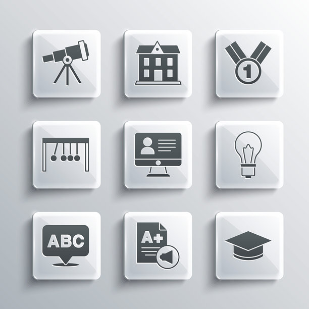 A+等级试卷、毕业帽、灯泡创意、在线课堂、字母表、摆锤、望远镜和奖章图标矢量素材图片下载