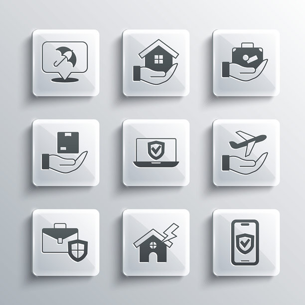 房屋与闪电、在线保险、飞机手、带盾牌的公文包、交付保险、雨伞和旅行箱图标矢量素材图片下载