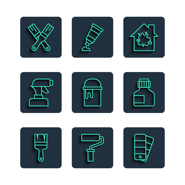 画笔、滚筒、调色板指南、房屋喷涂、水桶、喷枪、颜料罐图标矢量素材图片下载