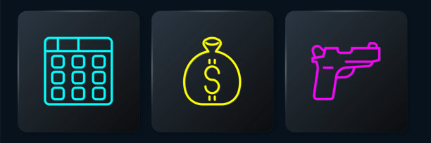 鼓机音乐、手枪和钱袋黑色方块按钮矢量素材图片下载