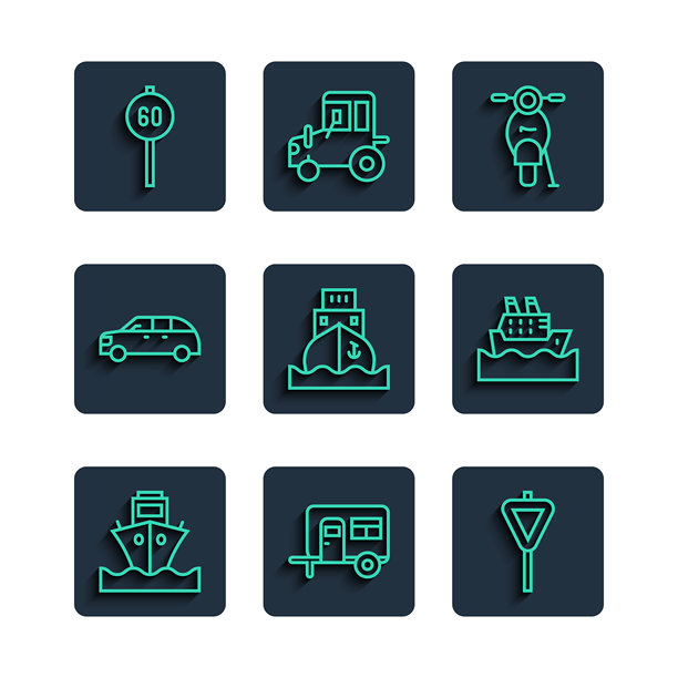 货船、露营拖车、路标、踏板车、两厢车、限速标志和游轮图标矢量素材图片下载