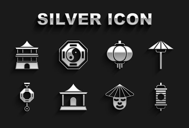 中式房屋、日式阳伞、纸灯笼、男人、阴阳图标矢量素材图片下载