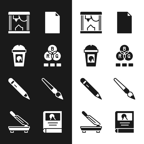 RGB颜色混合，外带咖啡杯，3D打印机，空白文档，带橡皮的铅笔，画笔，照片相册画廊和纸刀图标。矢量图。图片下载