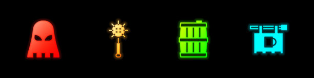 刽子手面具、中世纪钉头锤、木桶和酒吧图标矢量素材图片下载