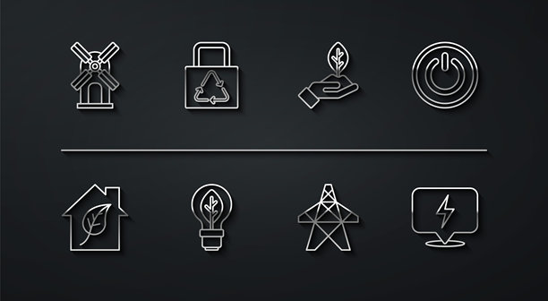 风力涡轮机、环保房屋、电源按钮、电塔、带叶子的灯泡、纸袋回收、闪电和植物手图标矢量素材图片下载