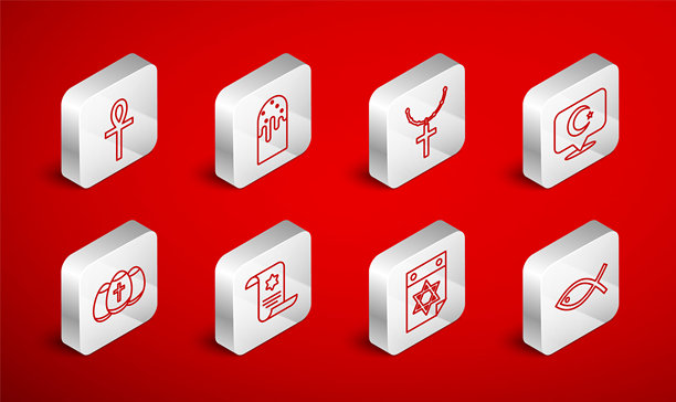 基督教鱼标志、复活节蛋糕、链上的十字架、星月、犹太日历、安克十字架、托拉卷轴和蛋图标。矢量图。图片下载