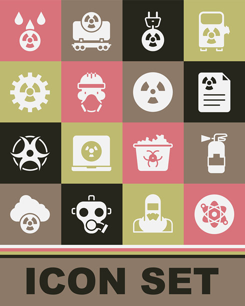 原子、灭火器、辐射警告文件、插头、核反应堆工人、放射性、酸雨和放射性云图标矢量素材图片下载