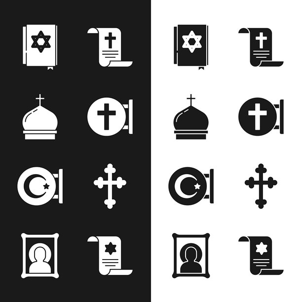 基督教十字架、教堂塔、犹太经书、法令、纸莎草卷轴、星月、妥拉图标矢量素材图片下载