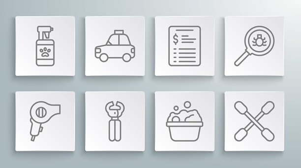 线条图标：吹风机、宠物出租车、指甲剪、宠物洗澡、耳用棉签、美容院价格表、跳蚤搜索和洗发水图标。矢量图。图片下载