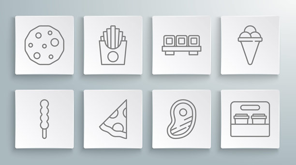 棒棒糖、装在盒子里的薯条、披萨片、牛排、咖啡杯、切菜板上的寿司、冰淇淋华夫筒和饼干图标。矢量图。图片下载