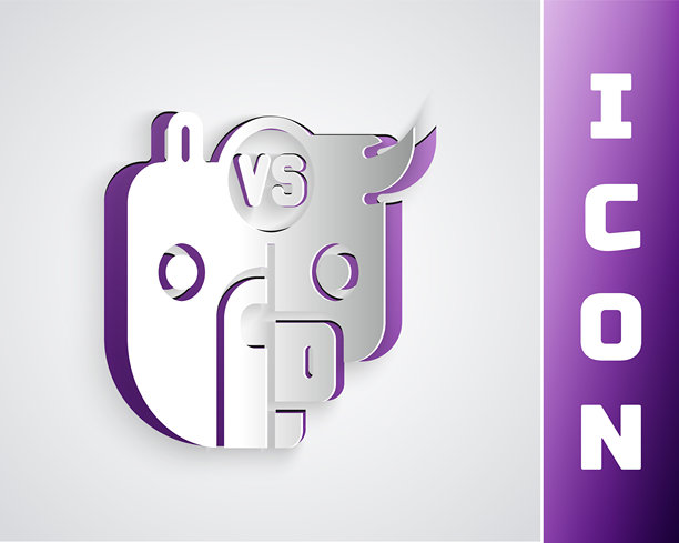 纸雕牛和熊象征股市趋势的图标，背景为灰色。市场的上涨与下跌。野生动物。纸艺风格。矢量图。图片下载