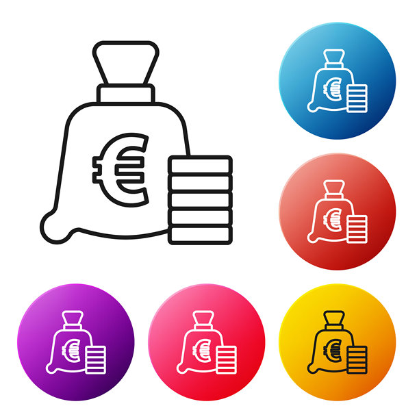 黑色线条的欧元符号硬币图标，背景为白色。银行货币标志。现金符号。彩色圆形按钮图标集合。图片下载