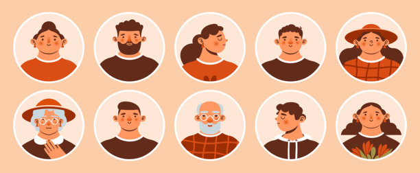 多样化年轻人和老人的圆形头像。时尚现代的剪贴画。卡通、极简、抽象、天真的风格。可爱搞笑的人物。男人、女人、留胡子的老男人、戴眼镜的老女人。图片下载