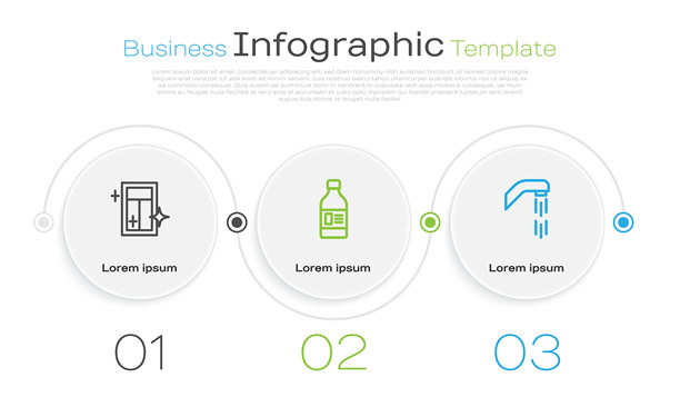 窗户清洁服务、瓶子清洁剂和淋浴头。商业信息图表模板。矢量图。图片下载