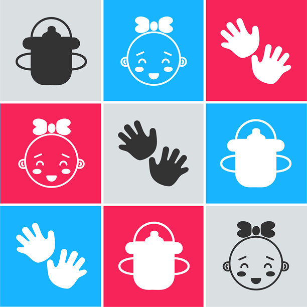 婴儿奶瓶、快乐的小女孩头像和婴儿手印图标。矢量图。图片下载