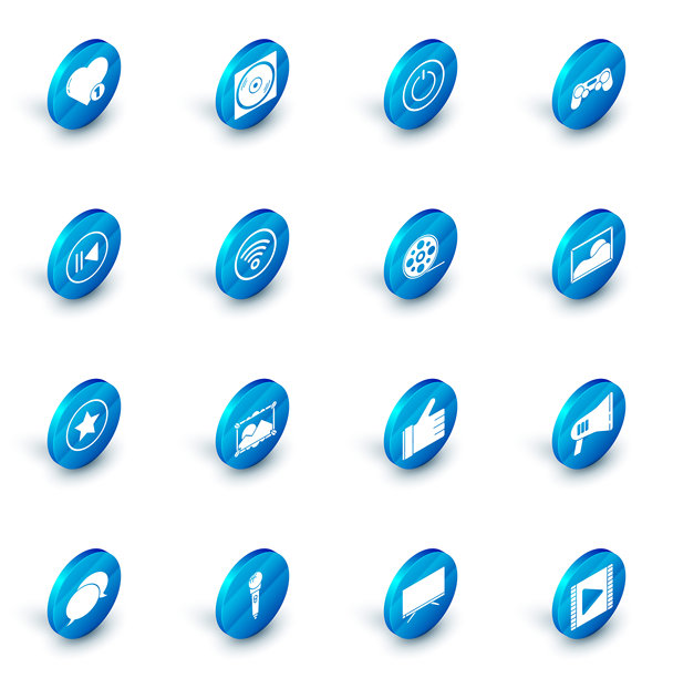 黑胶唱片、开关按钮、游戏手柄、倒带、星星、Wi-Fi无线网络、风景图片和胶卷图标。矢量图。图片下载