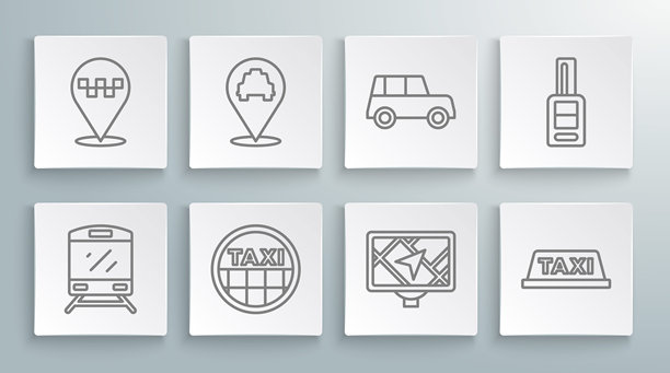 火车线路、出租车位置、出租车车顶、GPS设备地图、汽车、遥控钥匙和图标。矢量图。图片下载