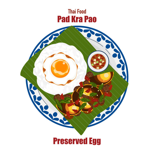 一组扁平风格的横幅矢量插图，美味的食物。泰国菜，单点菜，炒罗勒配煎蛋的巴东咖喱。俯视角度的烹饪，食谱，菜单，餐厅食品设计。图片下载