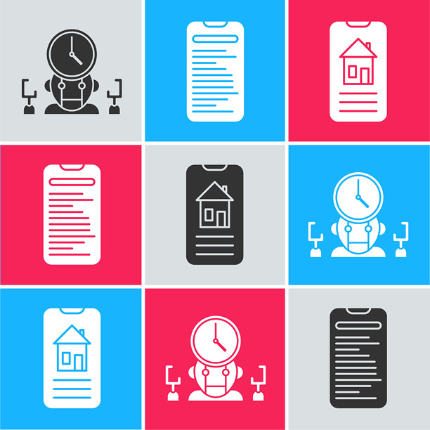 机器人和数字时间管理器、计算机API接口和智能家居图标矢量素材图片下载