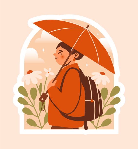 穿着外套、背着背包和雨伞的女性在雨中走在大自然中，周围是花朵、植物、树叶、云朵和星星。天真的插图在窗框中，描绘了可爱的女性角色。旅行，休闲。图片下载