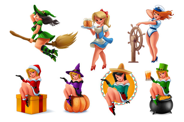 圣诞节万圣节夏季啤酒节和墨西哥的插画组合图片下载