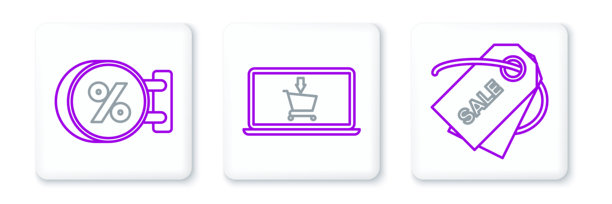 设置带有“特价”字样的价格标签，悬挂折扣百分比的招牌，以及购物车图标的笔记本电脑屏幕。矢量图。图片下载