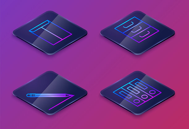 等距线条信封、带橡皮的铅笔和线条、装有文件的抽屉以及装有纸张和文件的办公文件夹。蓝色方形按钮。矢量图。图片下载