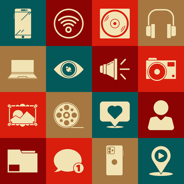 设置数字媒体播放位置，添加好友，照相机，黑胶唱片，眼睛，笔记本电脑，智能手机，手机和音量图标。矢量图。图片下载