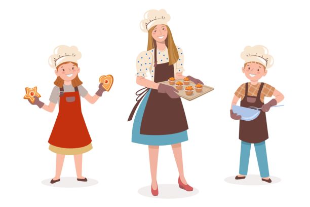 母亲和孩子们一起烘焙松饼、饼干和姜饼。男孩在碗里搅拌面糊，女孩拿着饼干，女人则端着装有松饼的托盘。图片下载